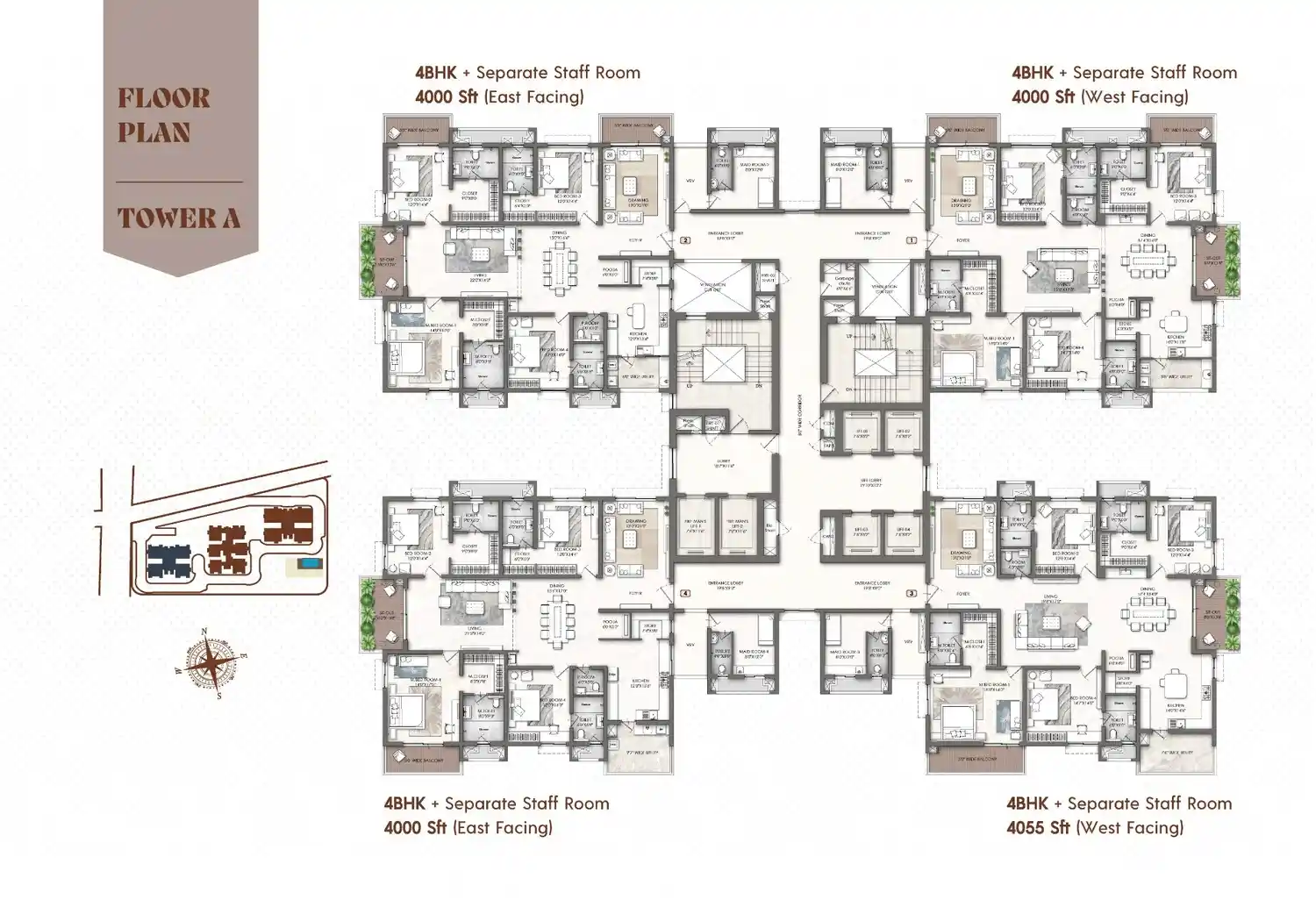 Sample floor plan for 4 BHK apartments at Hiranandani Greater Noida